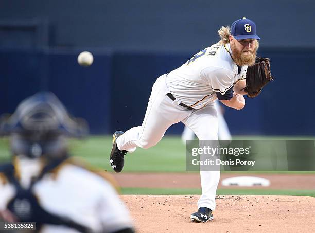 Andrew Cashner of the San Diego Padres pitches during the first inning of a baseball game against the Colorado Rockies at PETCO Park on June 4, 2016...