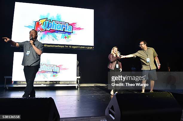 On-Air Personality Jagger, On Air Personality at Clear Channel Media + Entertainment Wendy Wild and 103.5 KTU On-Air Personality Dylan speak onstage...