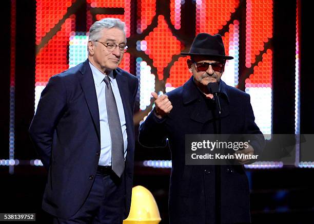 Actors Robert De Niro and Joe Pesci accept the Guy Movie Hall of Fame award for 'Casino' onstage during Spike TV's 10th Annual Guys Choice Awards at...