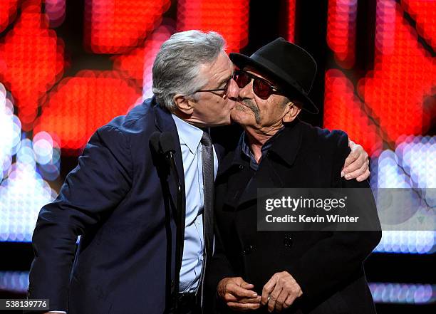 Actors Robert De Niro and Joe Pesci accept the Guy Movie Hall of Fame award for 'Casino' onstage during Spike TV's 10th Annual Guys Choice Awards at...