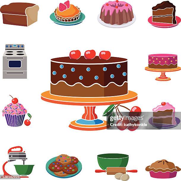 dekorierten kuchen auf stand mit quadratischer speisen und backen grenze - erdbeerkuchen stock-grafiken, -clipart, -cartoons und -symbole