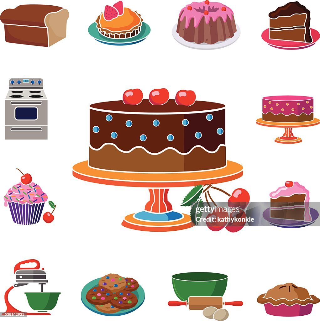 Decorated cake on stand with square food and baking border