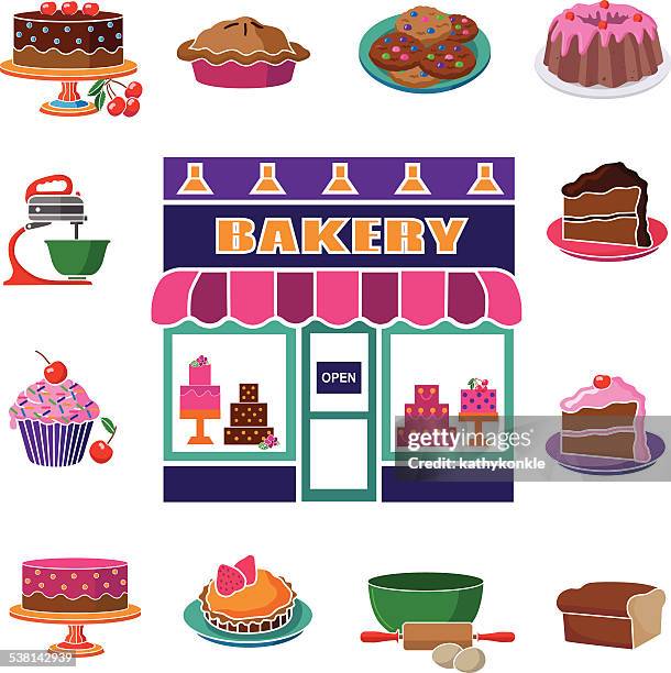 bakery shop with square baked goods and cooking equipment border - strawberry flan stock illustrations