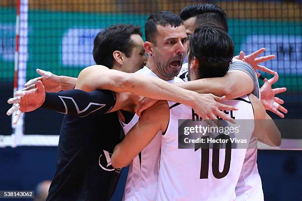 Players of Mexico celebrate during the match between Mexico and Chile as part of the FIVB World Men's Olympic Qualification Tournament at Gimnasio...