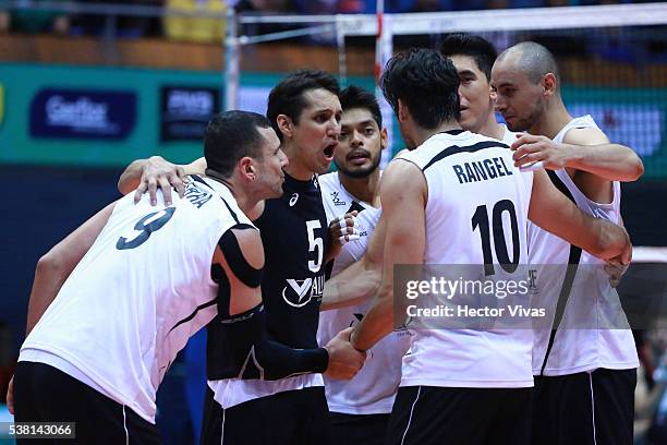 Players of Mexico celebrate during the match between Mexico and Chile as part of the FIVB World Men's Olympic Qualification Tournament at Gimnasio...