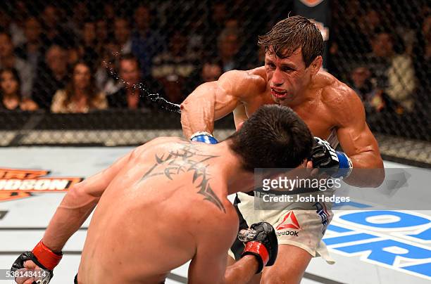 Urijah Faber throws a right punch at Dominick Cruz in their UFC bantamweight championship bout during the UFC 199 event at The Forum on June 4, 2016...