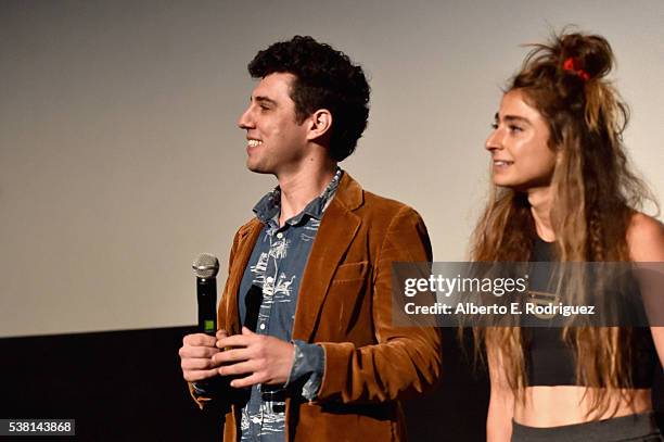 Directors Jeremy Teicher and Alexi Pappas speak onstage at the premiere of "Tracktown" during the 2016 Los Angeles Film Festival at Arclight Cinemas...