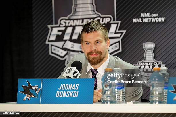 Joonas Donskoi of the San Jose Sharks talks with the media during a press conference after Game Three of the 2016 NHL Stanley Cup Final at SAP Center...