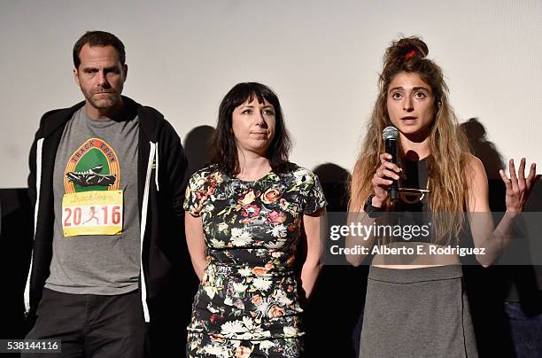 Actor Andy Buckley, Laura Wagner and Alexi Pappas speak onstage at the premiere of "Tracktown" during the 2016 Los Angeles Film Festival at Arclight...