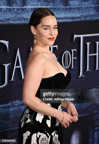 Actress Emilia Clarke arrives at the premiere of HBO's 'Game of Thrones' Season 6 at the TCL Chinese Theatre on April 10, 2016 in Hollywood,...