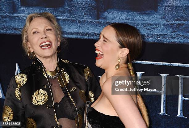 Actresses Faye Dunaway and Emilia Clarke arrive at the premiere of HBO's 'Game of Thrones' Season 6 at the TCL Chinese Theatre on April 10, 2016 in...