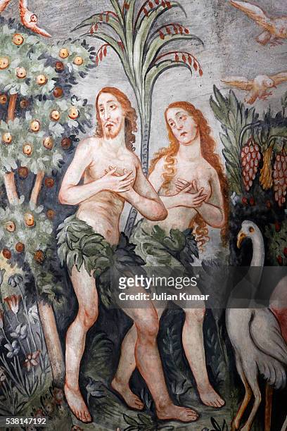 ceiling fresco in maria assunta church: adam and eve chased from eden - garden of eden stock pictures, royalty-free photos & images