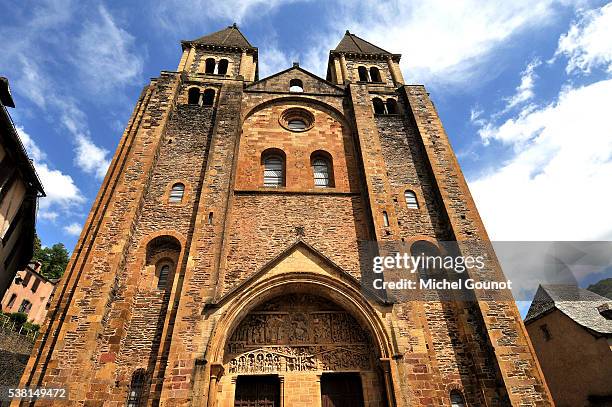 front of sainte-foy de conques abbey church. - aveyron bildbanksfoton och bilder