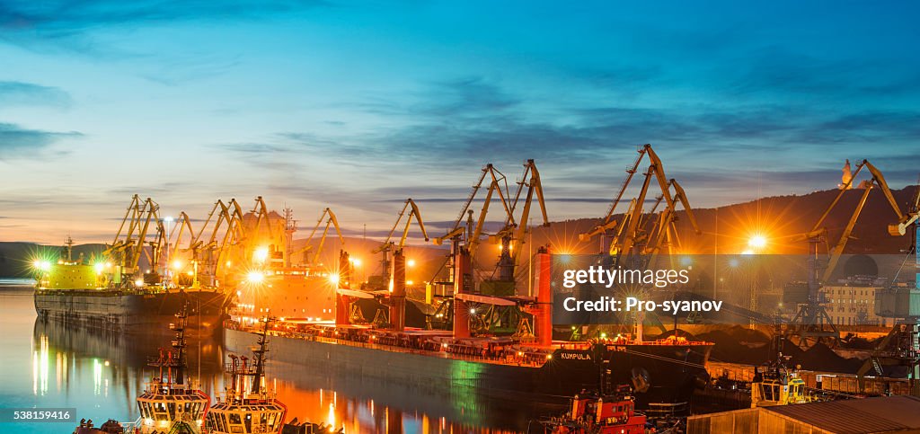 Murmansk sea trading port at evening.