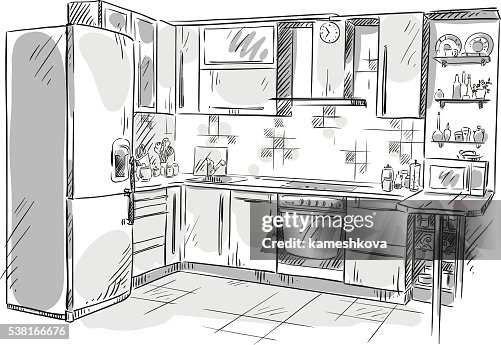 Kitchen Interior Drawing Vector Illustration High-Res Vector Graphic ...
