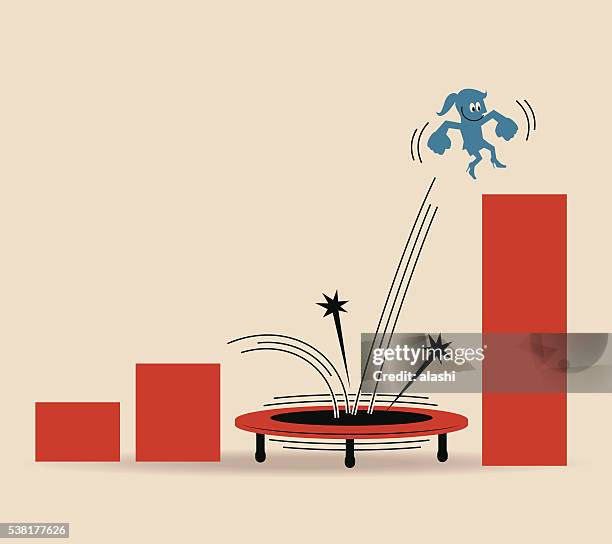 smiling confident businesswoman jumps on the trampoline between statistics - trampoline jump stock illustrations