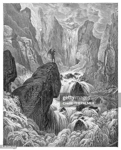 tigris at the foot of paradise engraving - inferno stock illustrations