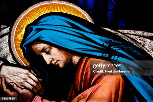 stained-glass window. mary holding joseph's hand - bourges stock pictures, royalty-free photos & images