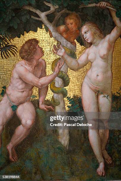 adam & eve. fresco by raffaello sanzio known as raphaël (1483-1520). room of the segnatura. vatican museum. - adão e eva - fotografias e filmes do acervo