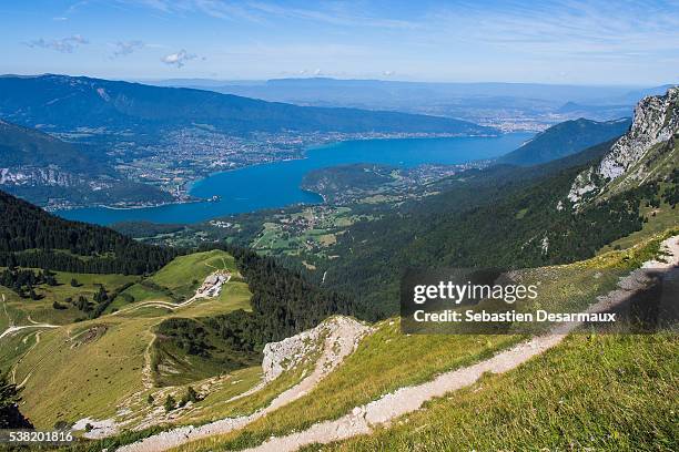 mountainous landscape. perialpine lake annecy. - annecy foto e immagini stock