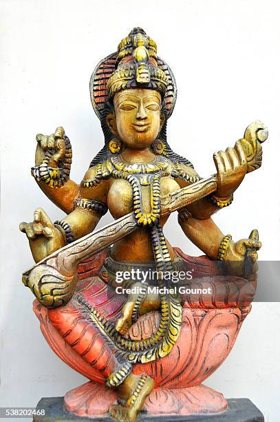 hindu goddess saraswati holding her vina - saraswati stock-fotos und bilder