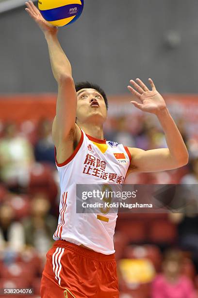 Shuai Jiao of China serves the ball during the Men's World Olympic Qualification game between Canada and China at Tokyo Metropolitan Gymnasium on...