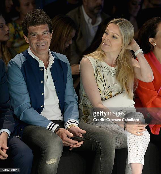 Antonio Banderas and Nicole Kimpel attends the Miami Fashion Week - Day 3 Front Row And Backstage Highlights fron row during the show at Miami...