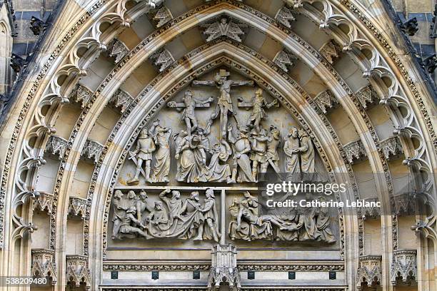 the entombment. tympanum of the st. vitus, wenceslas and adalbert's cathedral. prague. - cathedral of st vitus stock pictures, royalty-free photos & images