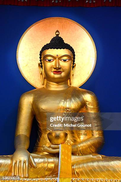 gautama siddharta, sakyamuni buddha statue in lerab ling buddhist monastery - buddha stock pictures, royalty-free photos & images