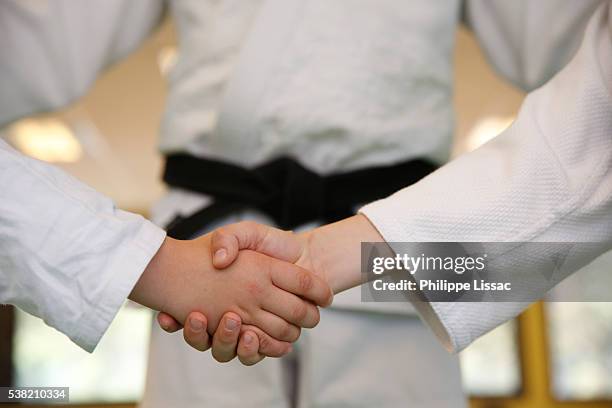 judokas shaking hands - fair play sport foto e immagini stock