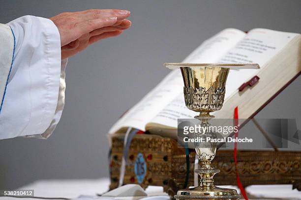 catholic mass. eucharist. - cáliz fotografías e imágenes de stock