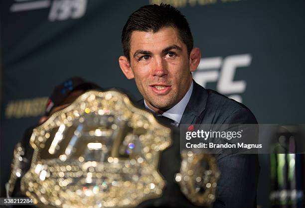 Dominick Cruz speaks to the media during the post fight press conference after the UFC 199 event at The Forum on June 4, 2016 in Inglewood,...