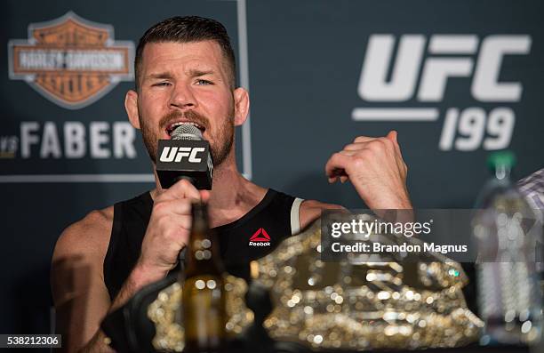 Michael Bisping speaks to the media during the post fight press conference after the UFC 199 event at The Forum on June 4, 2016 in Inglewood,...