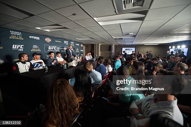 Dominick Cruz speaks to the media during the post fight press conference after the UFC 199 event at The Forum on June 4, 2016 in Inglewood,...