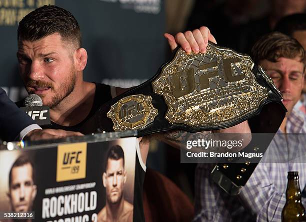 Michael Bisping insults Luke Rockhold during the post fight press conference after the UFC 199 event at The Forum on June 4, 2016 in Inglewood,...