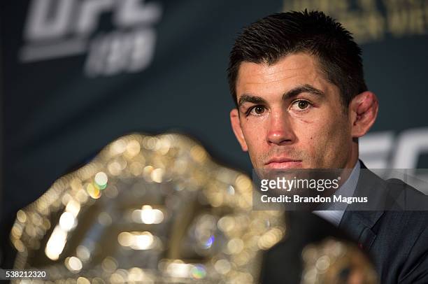 Dominick Cruz speaks to the media during the post fight press conference after the UFC 199 event at The Forum on June 4, 2016 in Inglewood,...
