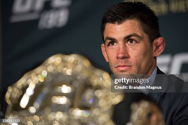 Dominick Cruz speaks to the media during the post fight press conference after the UFC 199 event at The Forum on June 4, 2016 in Inglewood,...