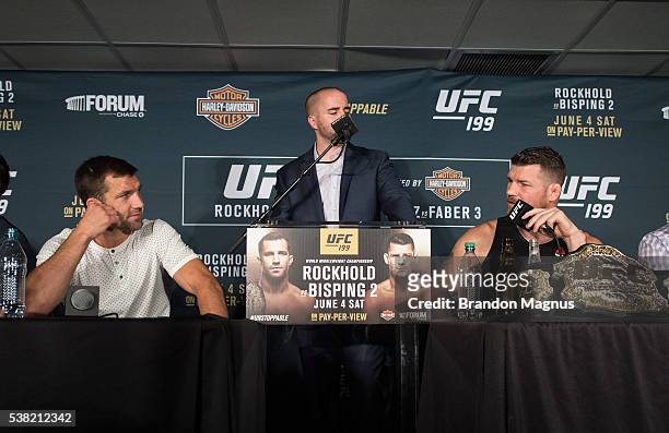 Michael Bisping insults Luke Rockhold during the post fight press conference after the UFC 199 event at The Forum on June 4, 2016 in Inglewood,...