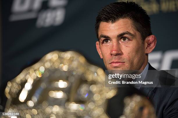 Dominick Cruz speaks to the media during the post fight press conference after the UFC 199 event at The Forum on June 4, 2016 in Inglewood,...