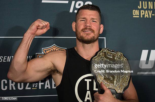 Michael Bisping poses for a portrait during the post fight press conference after the UFC 199 event at The Forum on June 4, 2016 in Inglewood,...