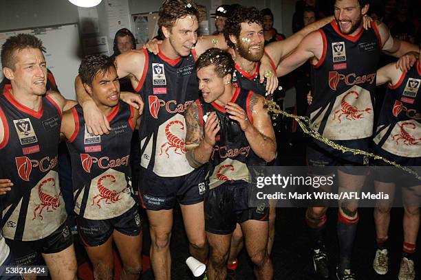 Ben Kennedy of Casey Scorpians gets a powerade shower after the win during the round nine VFL match between Casey and Port Melbourne at Casey Fields...