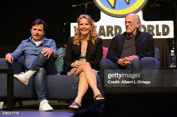 Actor Michael J. Fox, actress Lea Thompson and actor Christopher Lloyd on day 3 of Wizard World Comic Con Philadelphia 2016 held at Pennsylvania...