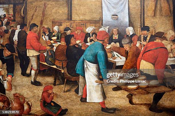 wedding feast in a barn, by pieter ii brueghel (1564-1638). ghent fine art museum - 16th century style fotografías e imágenes de stock