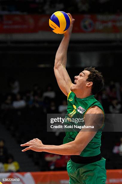 Thomas Edgar of Australia serves the ball during the Men's World Olympic Qualification game between Australia and Poland at Tokyo Metropolitan...