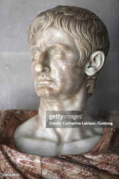 sculpture. trajan. marcus ulpius traianus. roman emperor from 98 to 117 ad. the grand salon. guardroom. vaux-le-vicomte castle. - keizer stockfoto's en -beelden