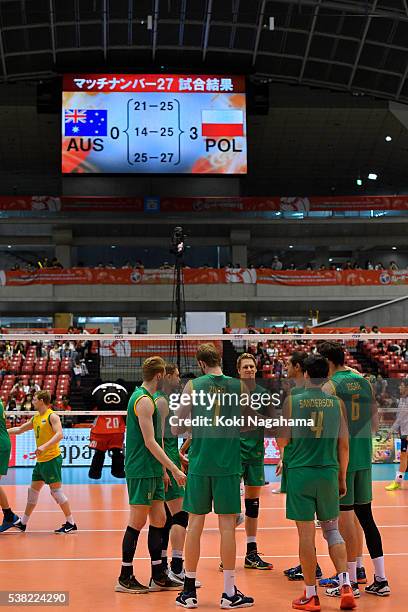 Players of Australia looks dejected after losing the Men's World Olympic Qualification game between Australia and Poland at Tokyo Metropolitan...