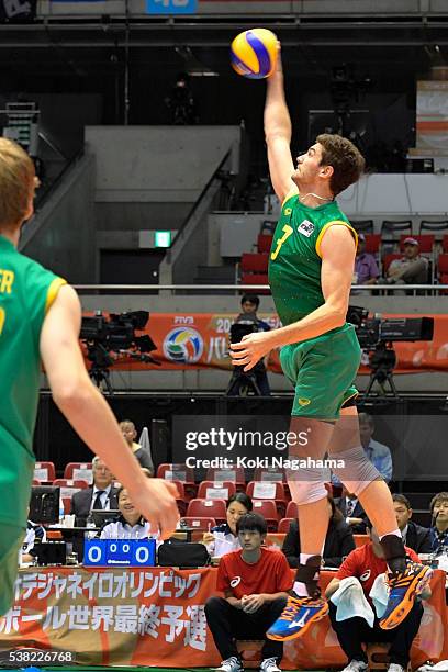 Nathan Roberts of Australia spikes the ball during the Men's World Olympic Qualification game between Australia and Poland at Tokyo Metropolitan...