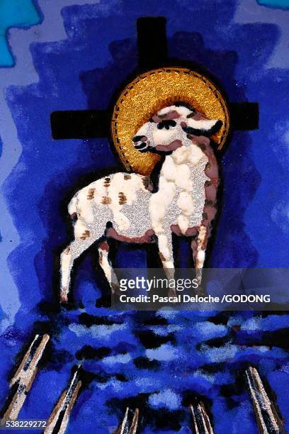 hautecombe abbey. lamb of god stained glass. - lamb of god stock pictures, royalty-free photos & images