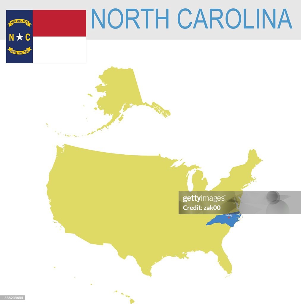 米国のノースカロライナの地図とフラグ