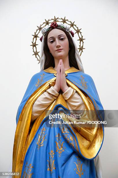 virgin mary statue in st. andrea's church, andrano, puglia. - maria stock-fotos und bilder